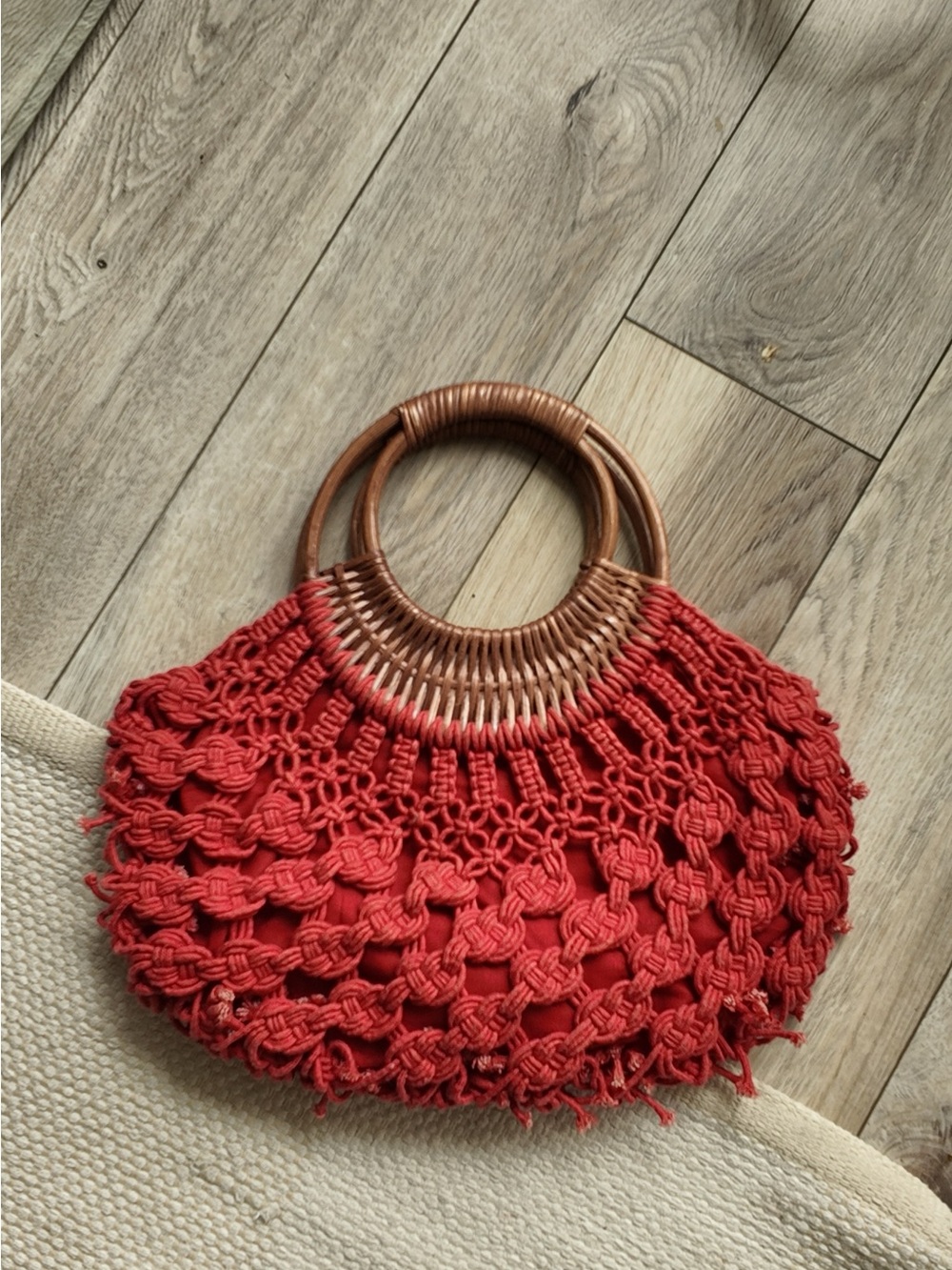 Handwoven Red Macramé Tote with Wooden Handles